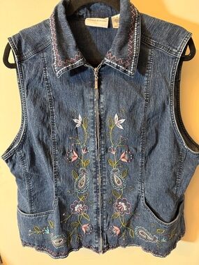 Alfred Dunner Denim Zip-Front Vest with Pink & Green Embroidery